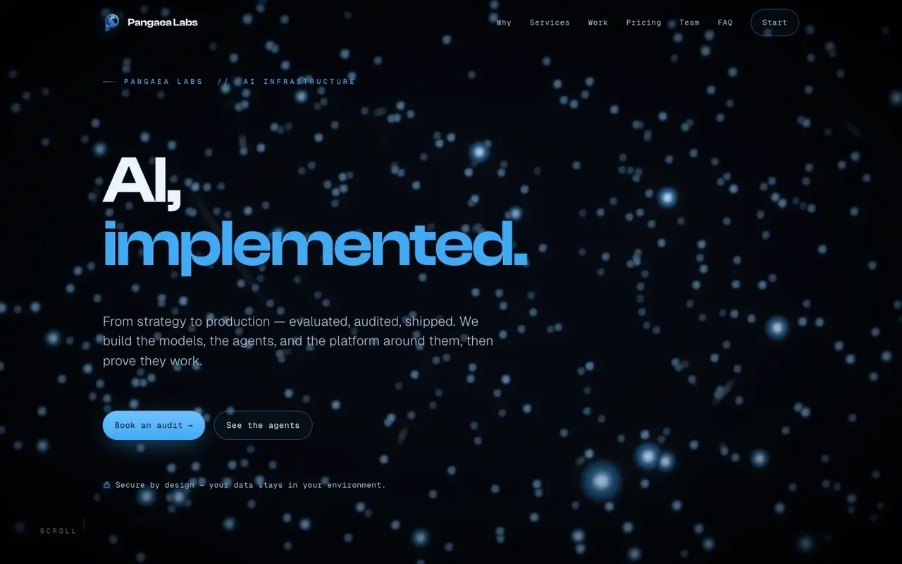The first Pangaea homepage: a dark hero reading 'AI, implemented.' over a glowing blue WebGL constellation of connected nodes.