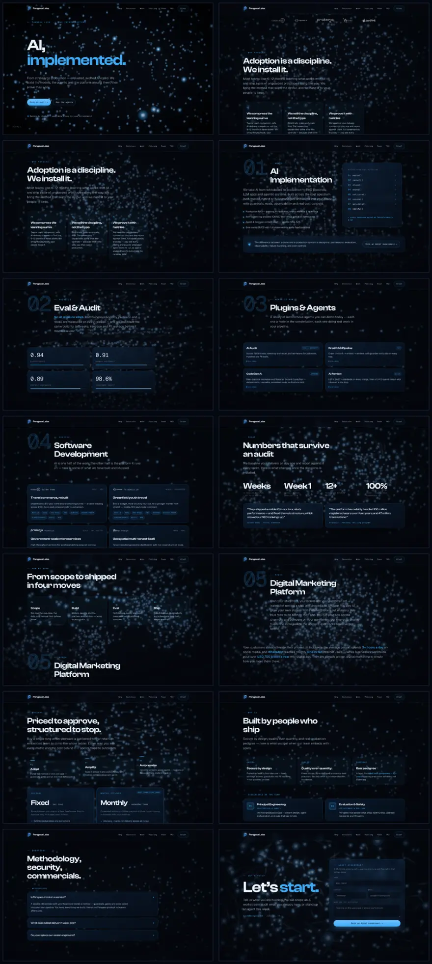 Contact sheet of all fourteen sections of the early single-page site, each rendered over the same dark WebGL constellation.