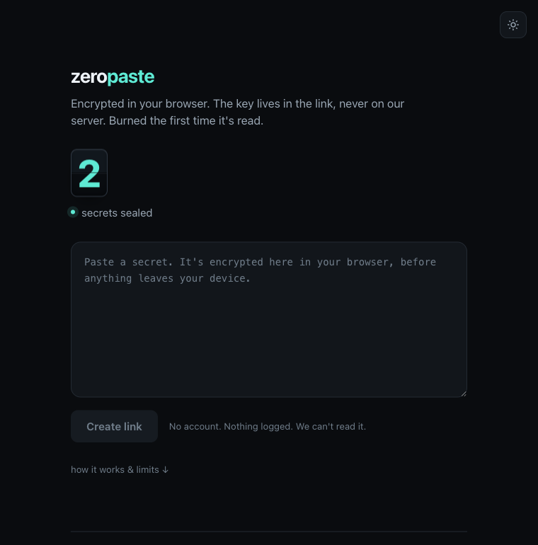 The ZeroPaste web app at zeropaste.pangaea.id: a dark, minimal compose screen with a large text area for the secret, a button to create the one-time link, and a quiet running counter of secrets sealed.